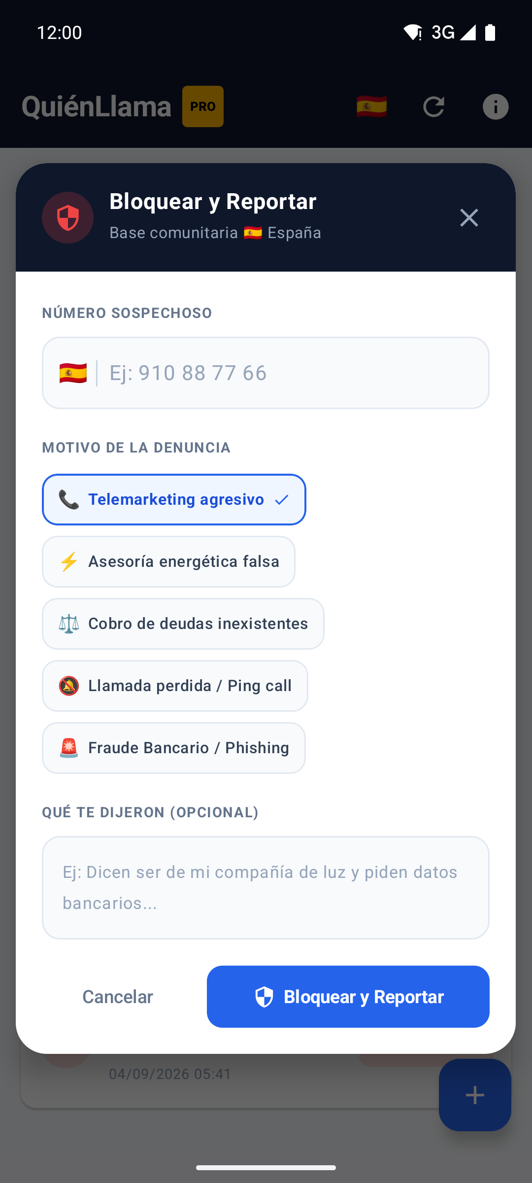 Formulario para reportar número sospechoso
